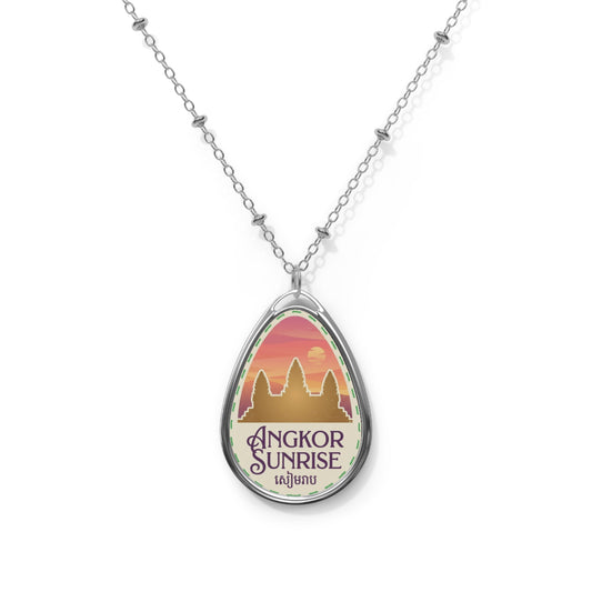 Angkor Sunrise Oval Necklace — Cambodian Temple Teardrop Pendant